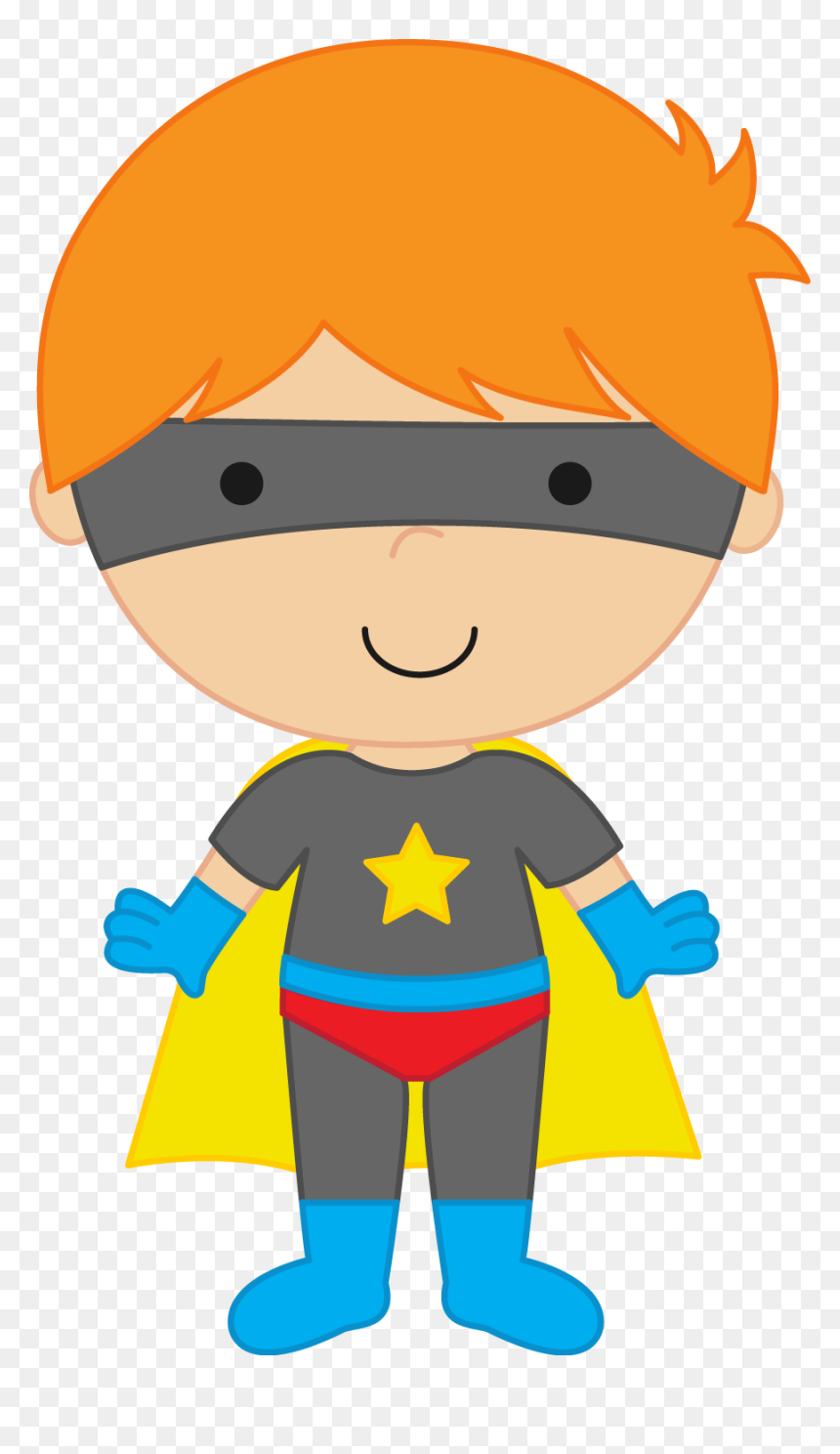 Smiling cartoon boy superhero with orange hair, gray mask, yellow star shirt, blue gloves, red briefs, yellow cape, and blue boots.