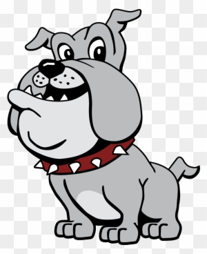 Gray cartoon bulldog with spiked red collar, smiling and sitting upright.