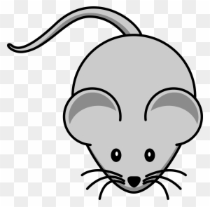 Gray cartoon mouse with large ears, whiskers, and a curved tail on transparent background.
