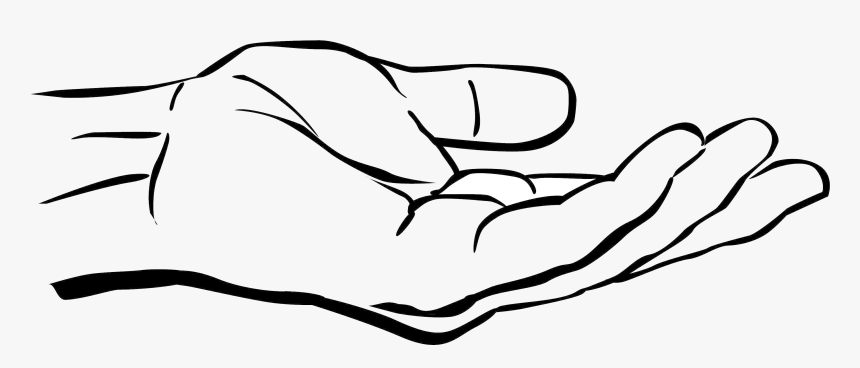 Line drawing of an open human hand, palm up, in a gesture of offering or receiving.