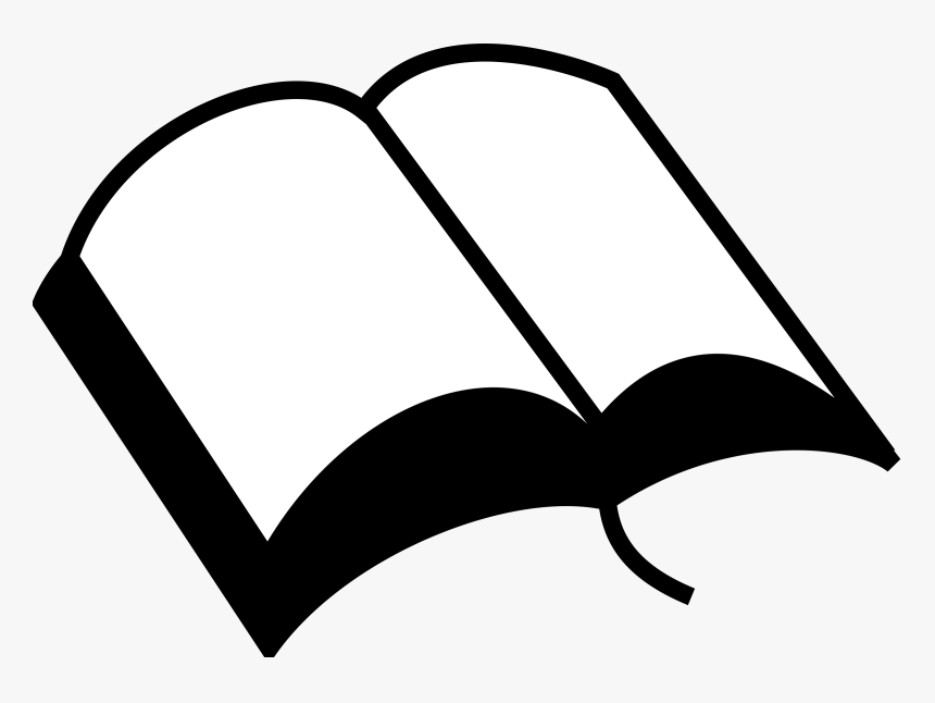 Simple black-and-white line drawing of an open book with curved pages and visible spine.