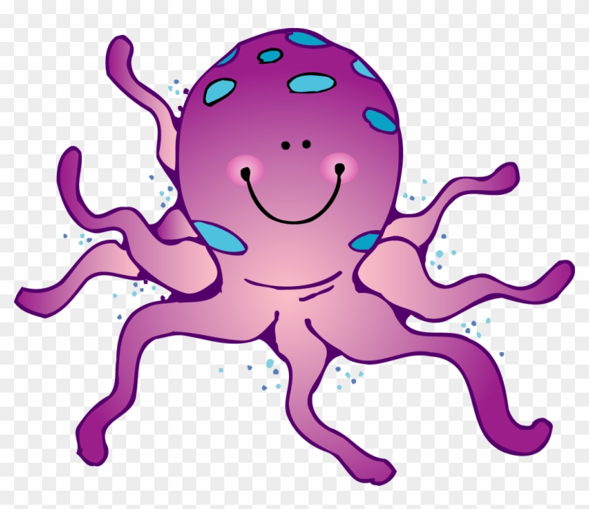 Cheerful purple cartoon octopus with blue spots, smiling face, and eight wavy tentacles on transparent background.