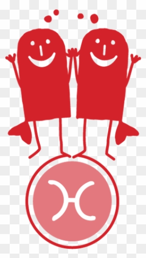 Two cheerful red Gemini zodiac figures standing on a pink circle with the Gemini symbol (♊) below them.
