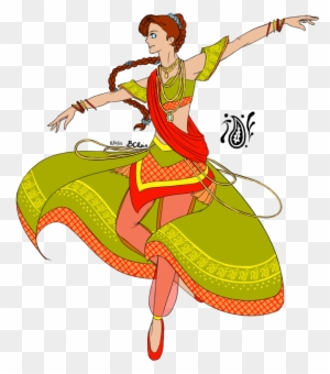 A woman in vibrant green and red traditional Indian attire performing a classical dance pose with flowing skirt and expressive arms.