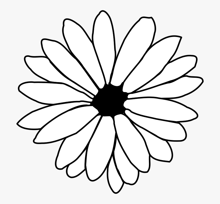 Black-and-white line drawing of a daisy with layered petals and solid center.