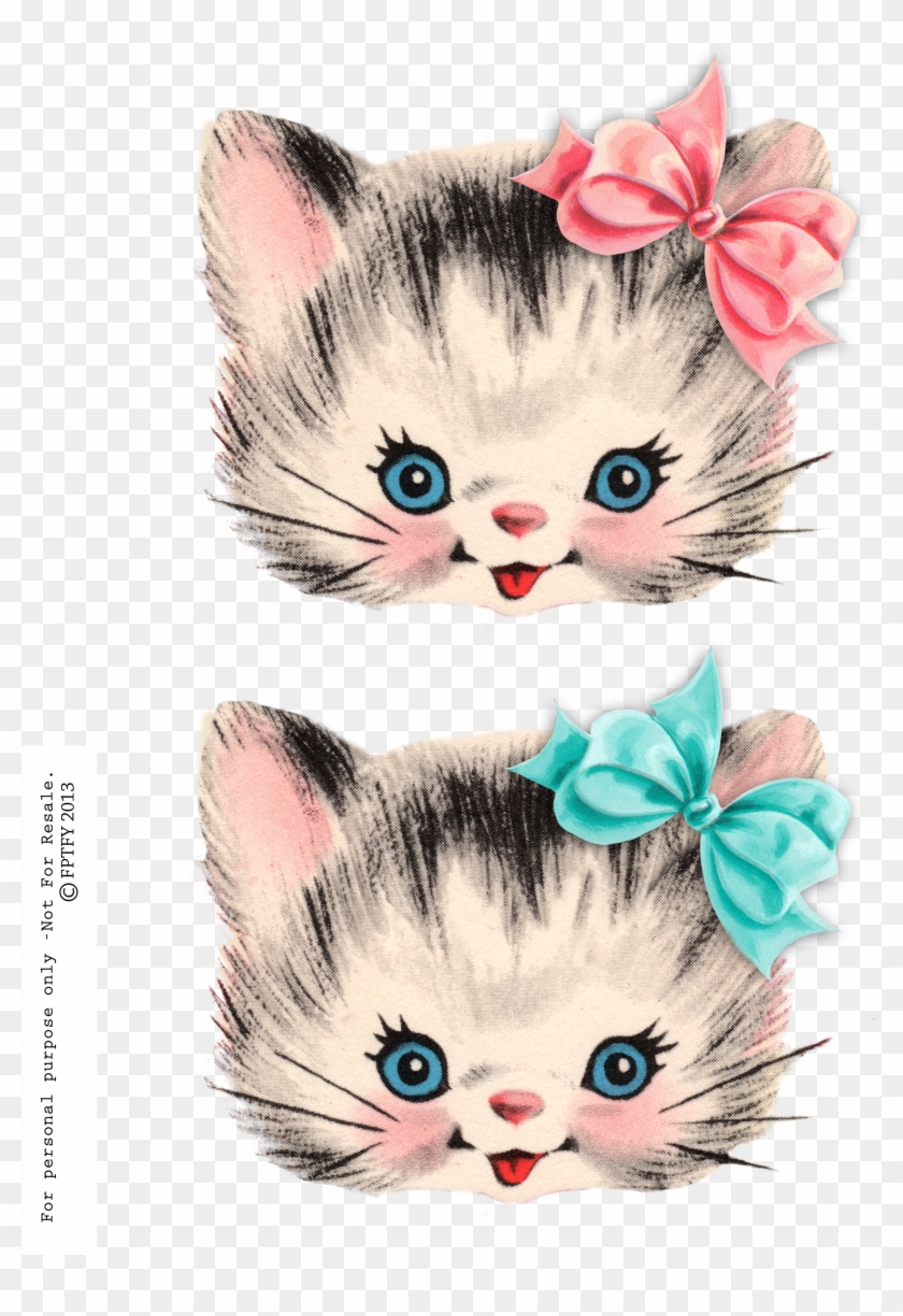 Two vintage-style illustrated kitten faces with blue eyes, pink cheeks, and bows-one pink, one teal-on transparent background.