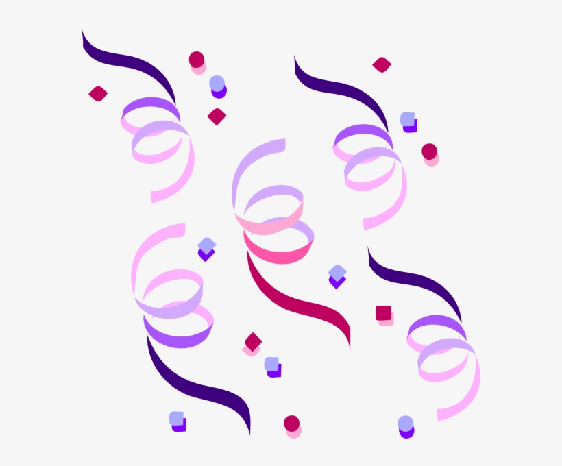 Colorful party confetti with swirling ribbons and geometric shapes in purple, pink, and red on a light background.