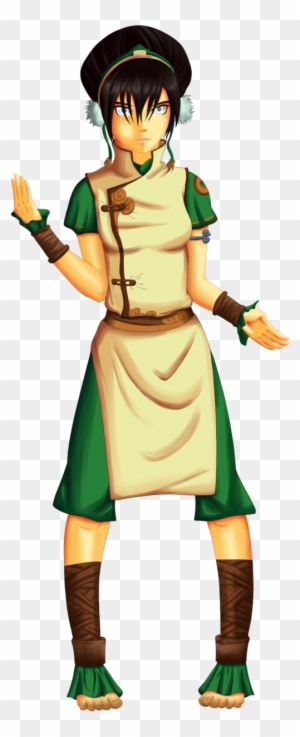 Animated female character in green and cream Earth Kingdom-inspired attire with braided hair and fur-lined headband.