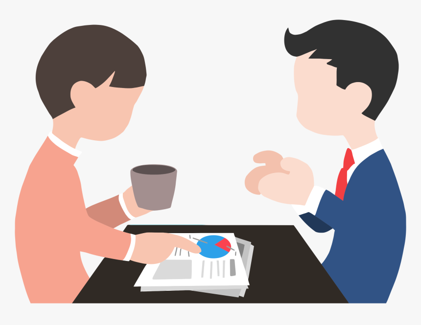 Two professionals discussing business data over coffee, reviewing charts and documents at a table.