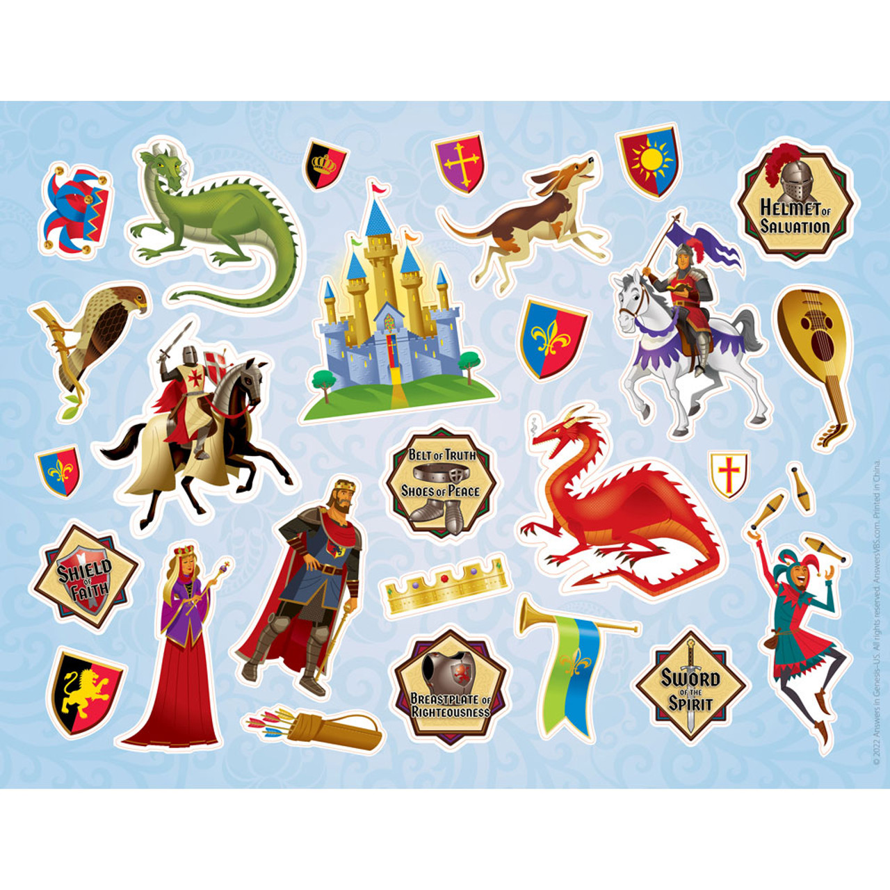 Medieval-themed sticker sheet featuring knights, dragons, castles, shields, and symbolic items like Sword of the Spirit and Helmet of Salvation.