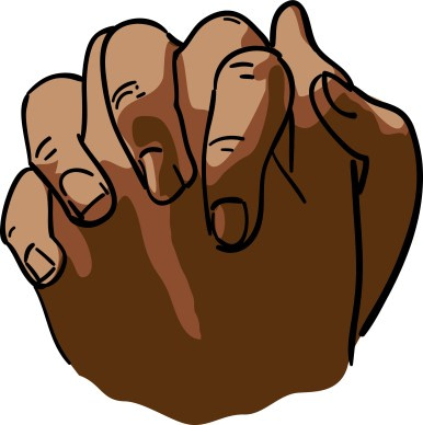 A clenched fist with dark skin tone, illustrated in bold lines and warm brown shading, symbolizing strength or solidarity.