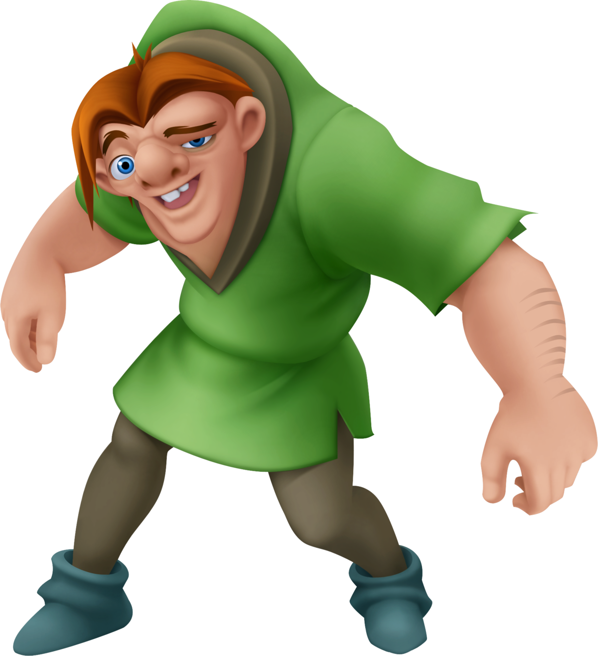A cheerful, muscular animated character with red hair, blue eyes, and a green hooded tunic, crouching playfully.