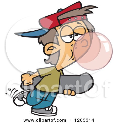 Cartoon boy with red cap blowing bubble gum while holding skateboard, looking tired or bored.