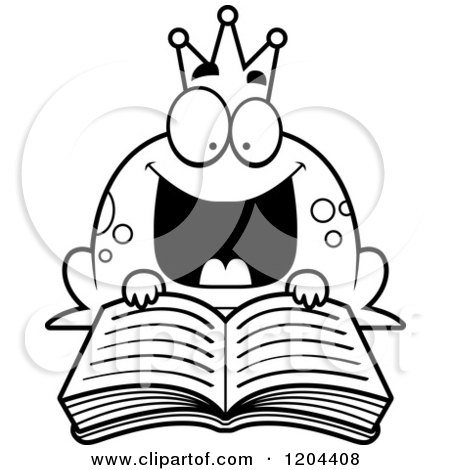 A cartoon frog wearing a crown, excitedly reading an open book with wide eyes and a big smile.