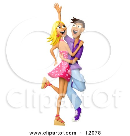 Happy cartoon couple dancing joyfully, woman in pink dress and man in purple shirt and blue pants.