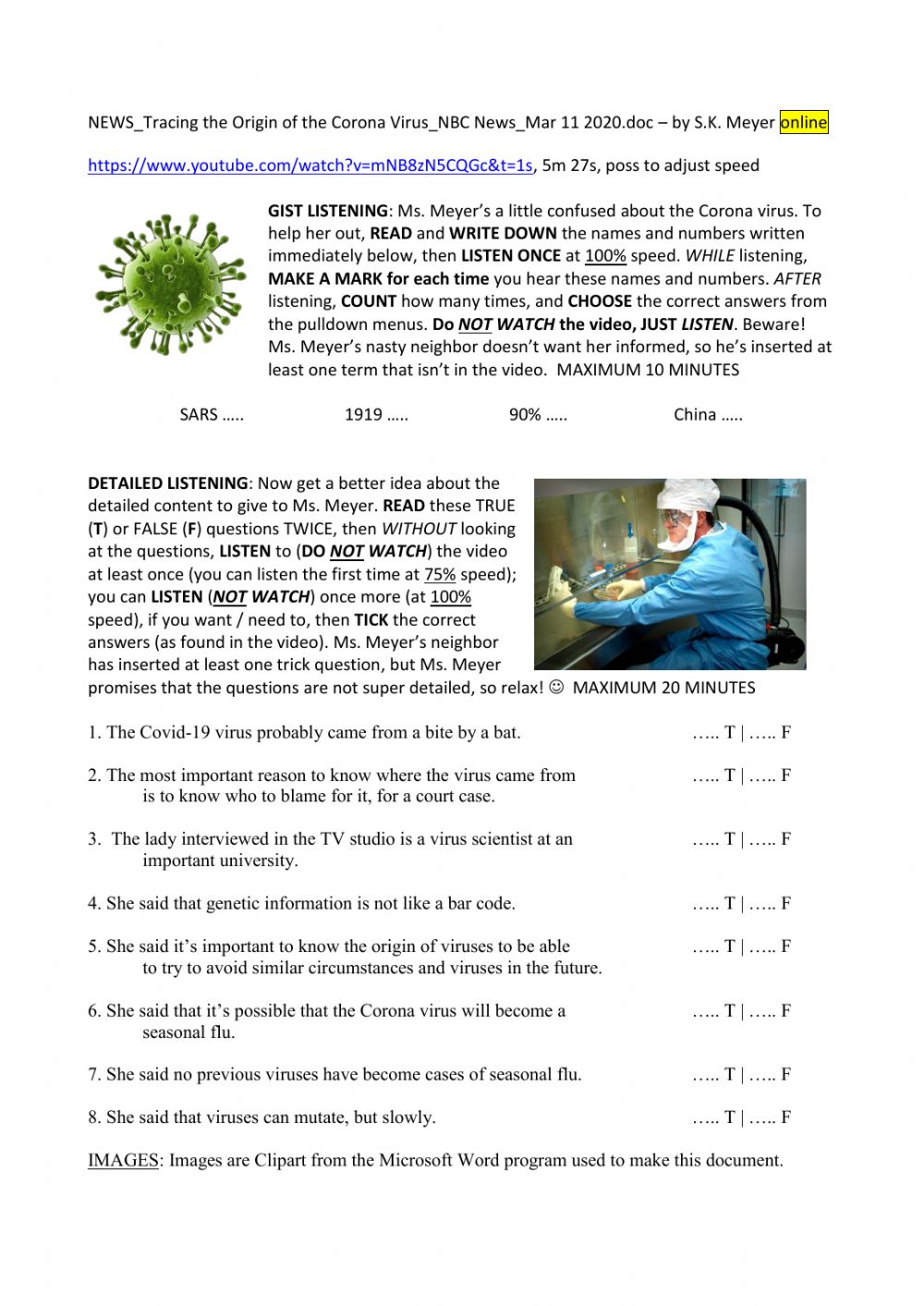 Green coronavirus illustration and lab scientist in protective gear working with biosafety equipment.