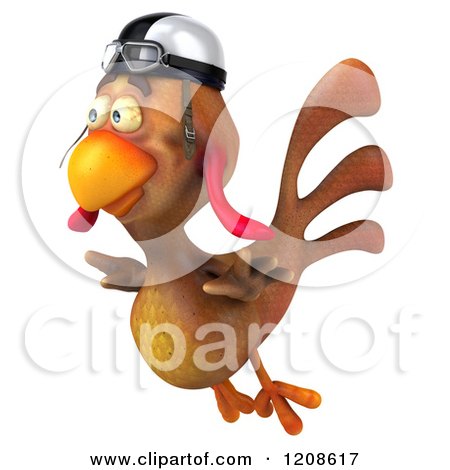 Cartoon turkey wearing aviator goggles and helmet, mid-flight with tongue out and wings spread.