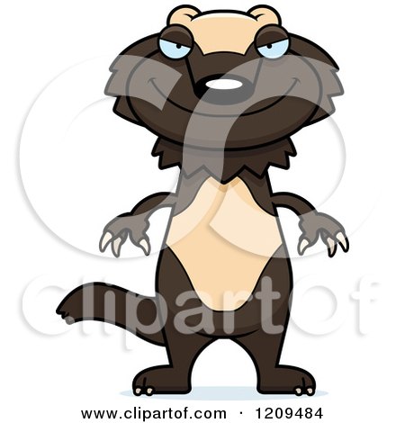 Cartoon wolverine standing upright with a sly grin, brown fur, light chest patch, and sharp claws.