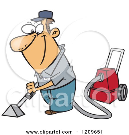 Cartoon janitor vacuuming with red canister vacuum cleaner, wearing cap and uniform.