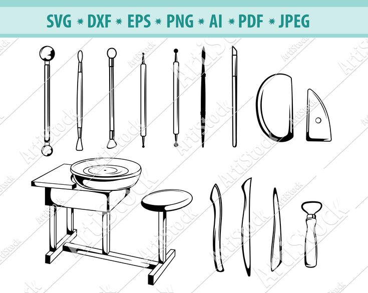 Black-and-white line illustration of pottery tools including loop tools, ribs, needles, a potter’s wheel, and stool.