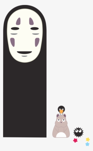 No-Face from Spirited Away stands tall beside a tanuki, soot sprite, and penguin in a minimalist illustration.
