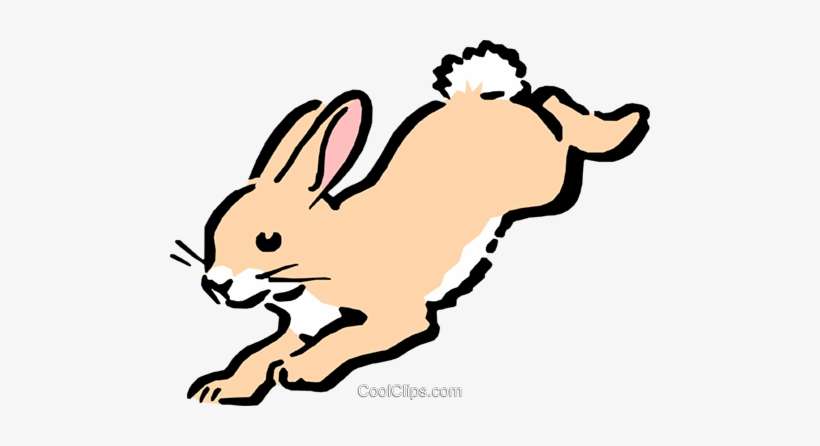 Light brown cartoon rabbit leaping forward with pink inner ears and fluffy white tail.