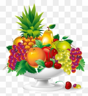 Colorful fruit arrangement in a white pedestal bowl including pineapple, grapes, apples, pears, oranges, and cherries.