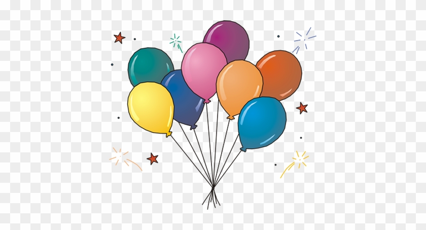 Colorful party balloons tied together with stars and sparkles on transparent background.