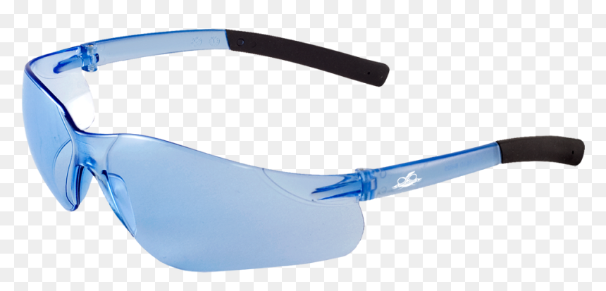 Blue-tinted safety glasses with wraparound lenses and black temple tips on transparent background.