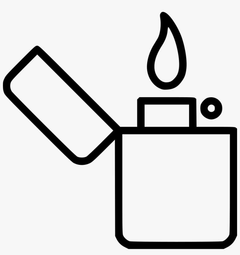 Line-art illustration of an open lighter with a flame, minimalist black-and-white style.