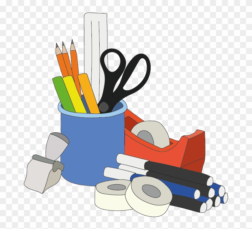 Blue cup holding pencils, ruler, scissors, plus tape, markers, and glue stick on transparent background.