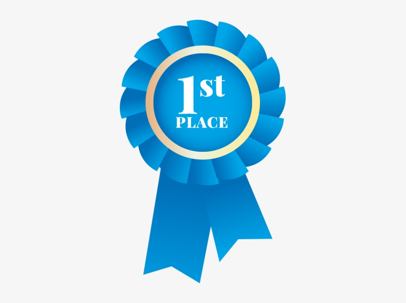 Blue first place award ribbon with gold trim and white "1st PLACE" text on a light background.