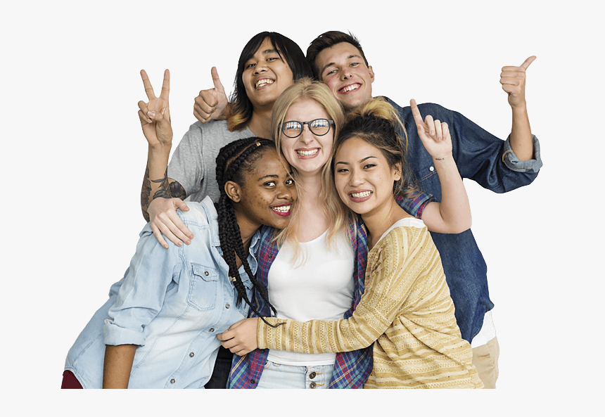 Diverse group of five smiling young adults posing closely together, making peace signs and thumbs-up gestures against a white background.