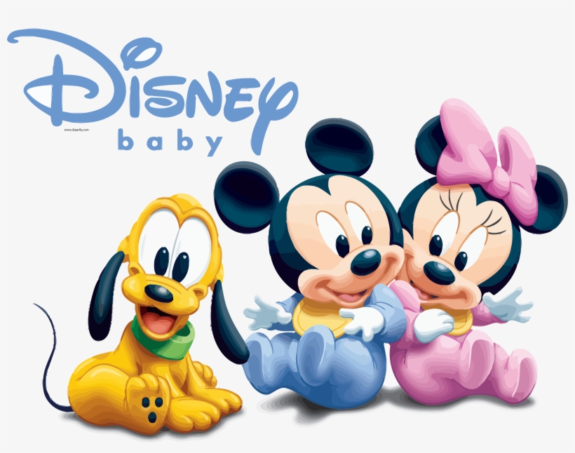 Disney Baby characters: Pluto, baby Mickey Mouse in blue, and baby Minnie Mouse in pink with bow.