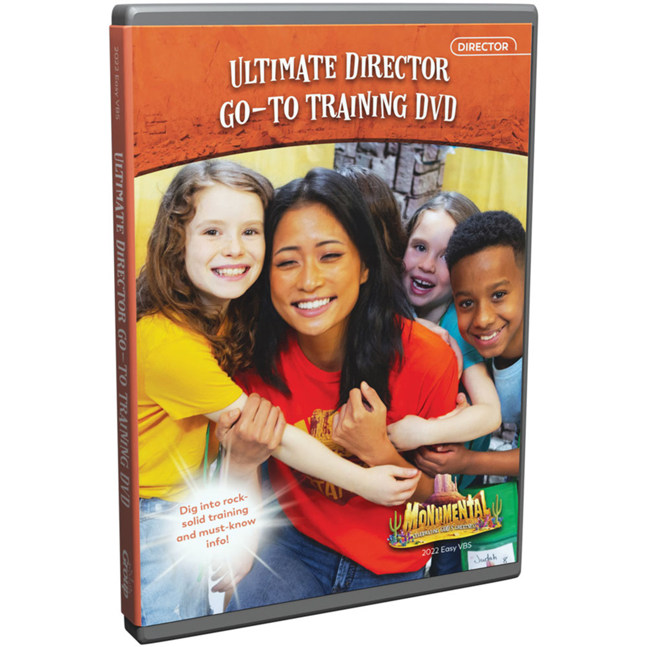 DVD cover for "Ultimate Director Go-To Training DVD" featuring a smiling adult and four children in a group hug, with "Monumental" branding.