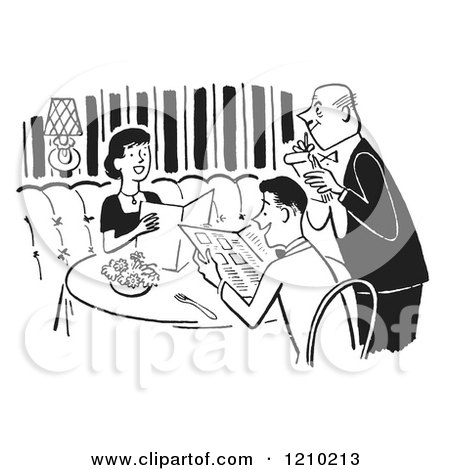 A black-and-white illustration of a waiter serving a couple dining at a restaurant table with menus and food.
