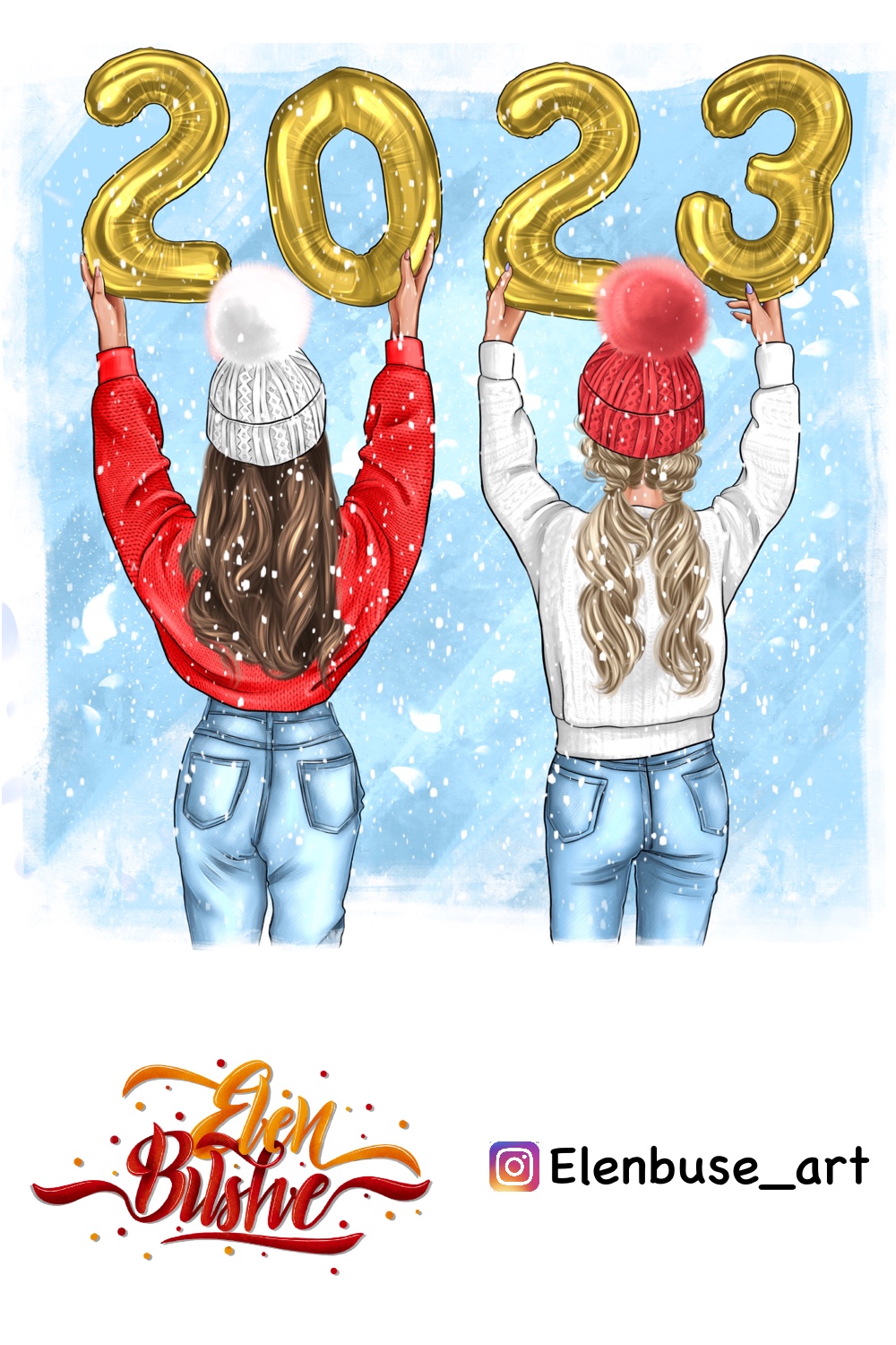 Two women from behind holding golden "2023" balloons in snowy winter scene, wearing knit hats and sweaters.