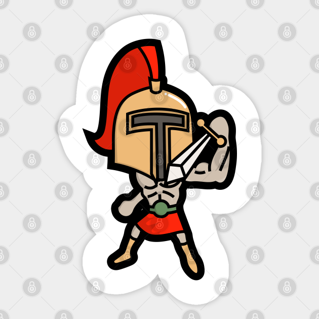 Chibi-style Spartan warrior in gold helmet with red plume, wielding a sword and shield, cartoon sticker design.