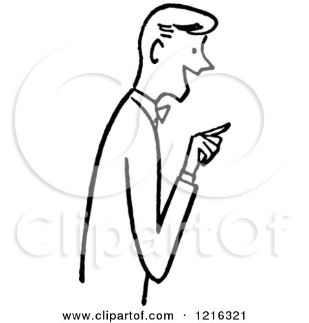 Black-and-white line drawing of a man in a suit pointing with his right index finger, side profile, expressive face.