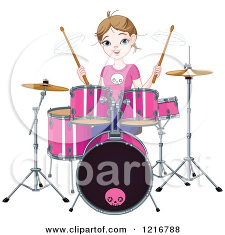 A smiling girl with brown hair plays a pink drum set with skull motifs, holding drumsticks mid-performance.