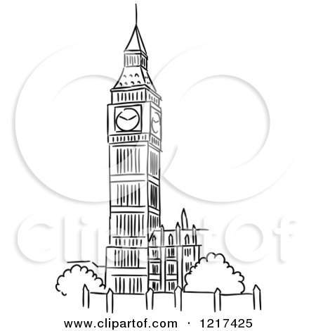 Sketch-style line drawing of Big Ben clock tower with surrounding foliage and fence.
