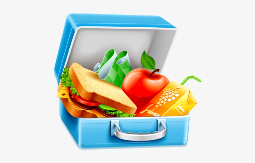Blue lunchbox open with sandwich, apple, juice box, and napkins inside.