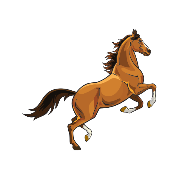 A dynamic illustration of a chestnut horse rearing up with white socks and flowing mane against a black background.