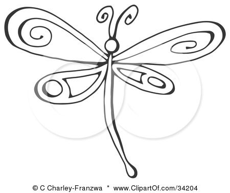 Stylized black-and-white line art dragonfly with ornate swirling wings and antennae.