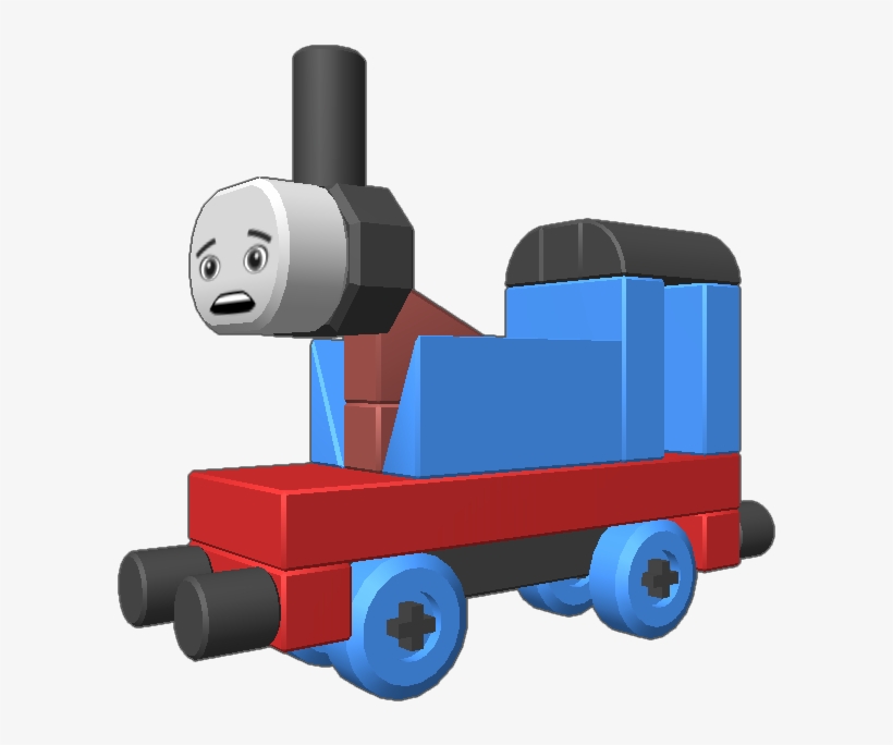 A blocky, cartoon-style toy train with a surprised face, red chassis, blue wheels, and black smokestack.