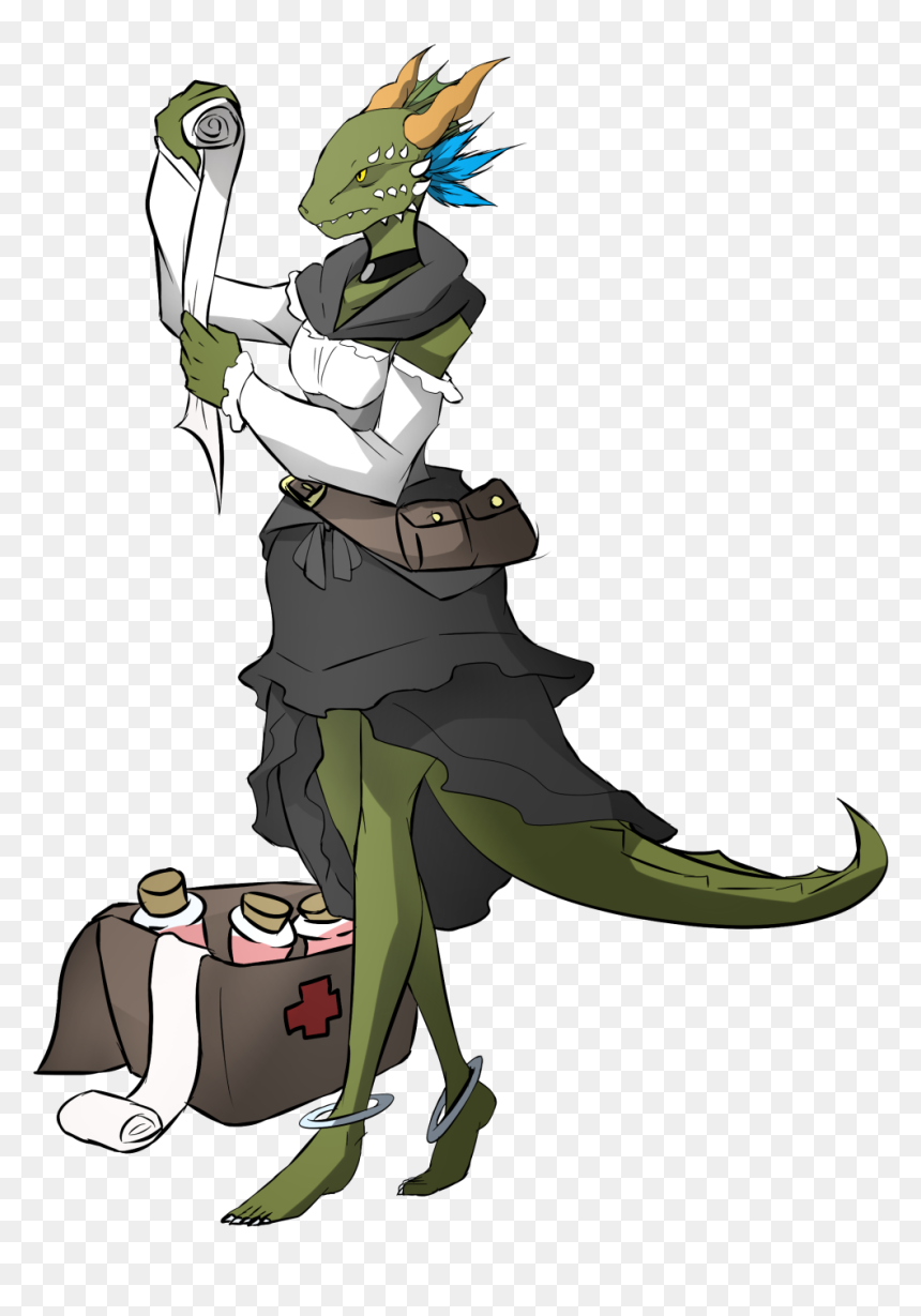 Green dragonfolk medic holding a scroll, wearing a white shirt and black apron, with a medical bag and bandages nearby.