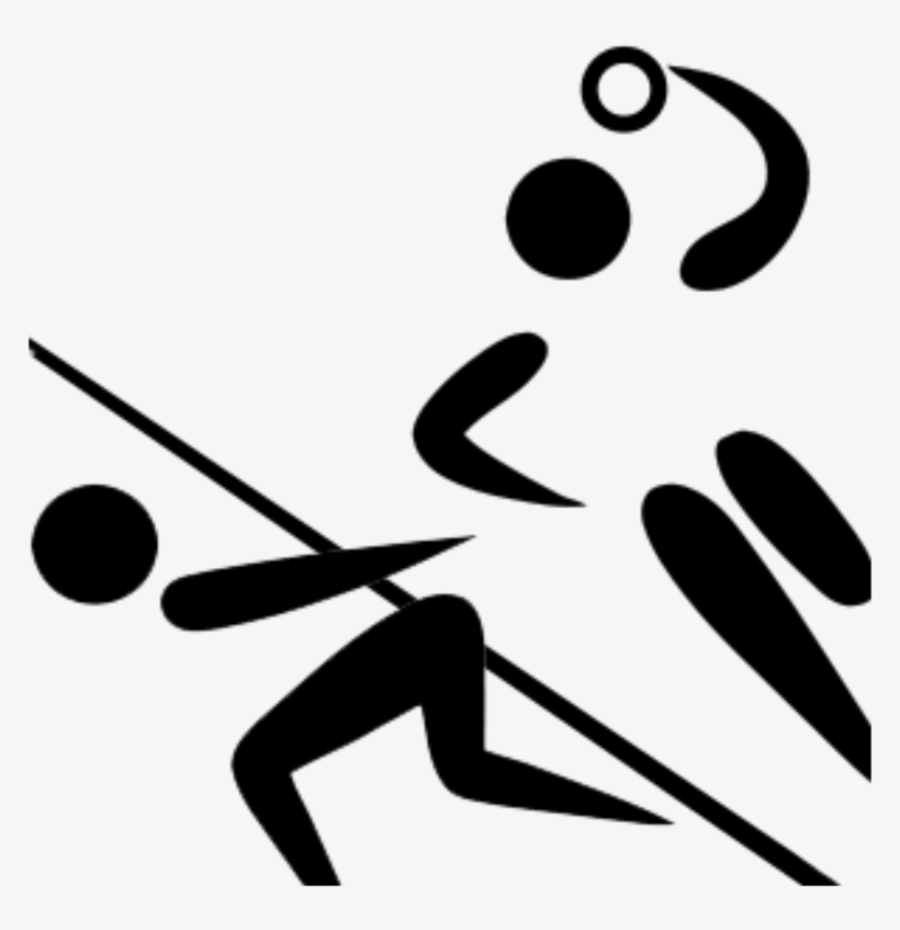 Stylized black-and-white icon of a javelin thrower mid-throw with dynamic motion lines and a flying javelin.