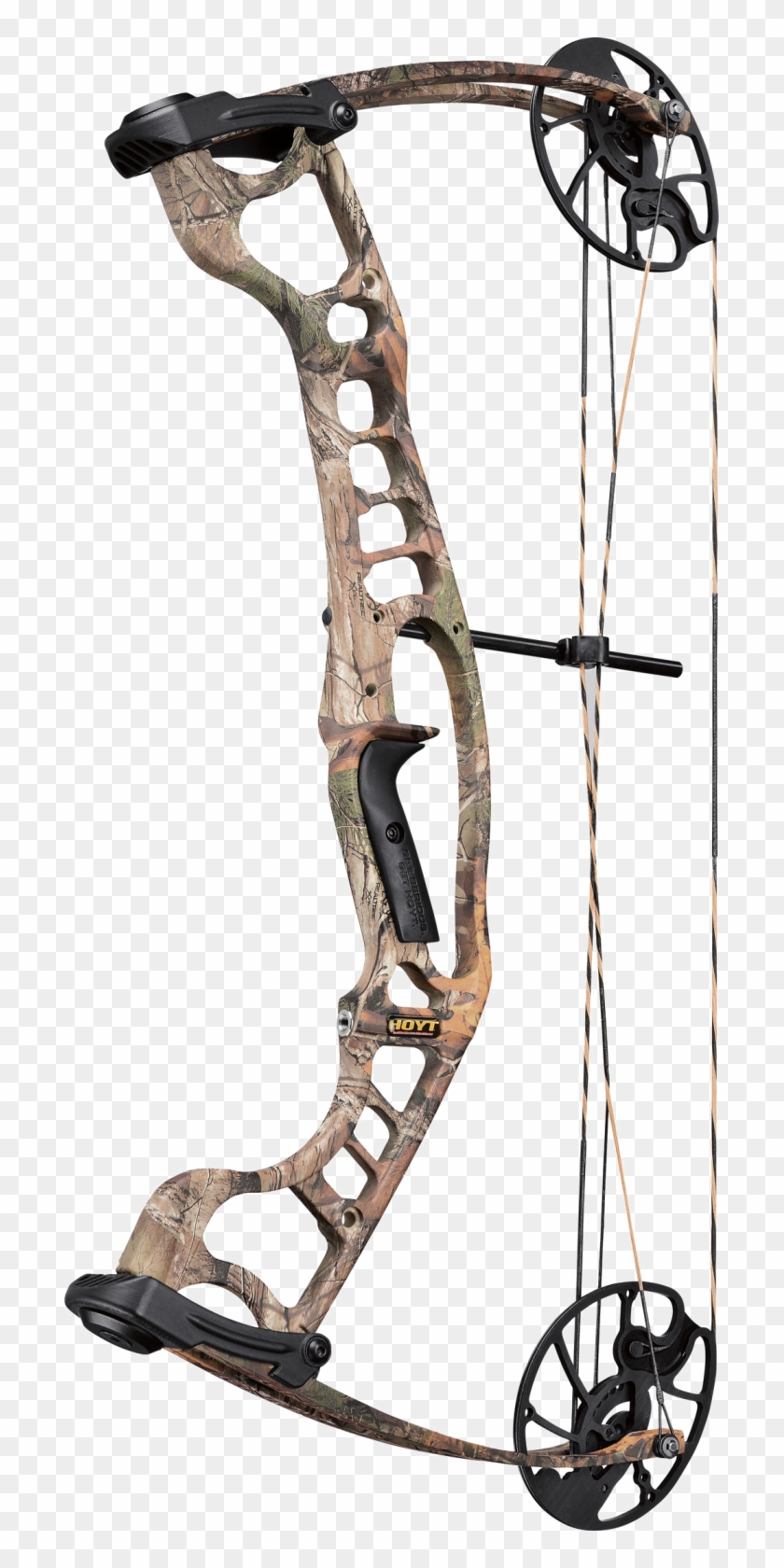 Hoyt compound bow with camouflage riser, black cams, and dual-cable system on transparent background.