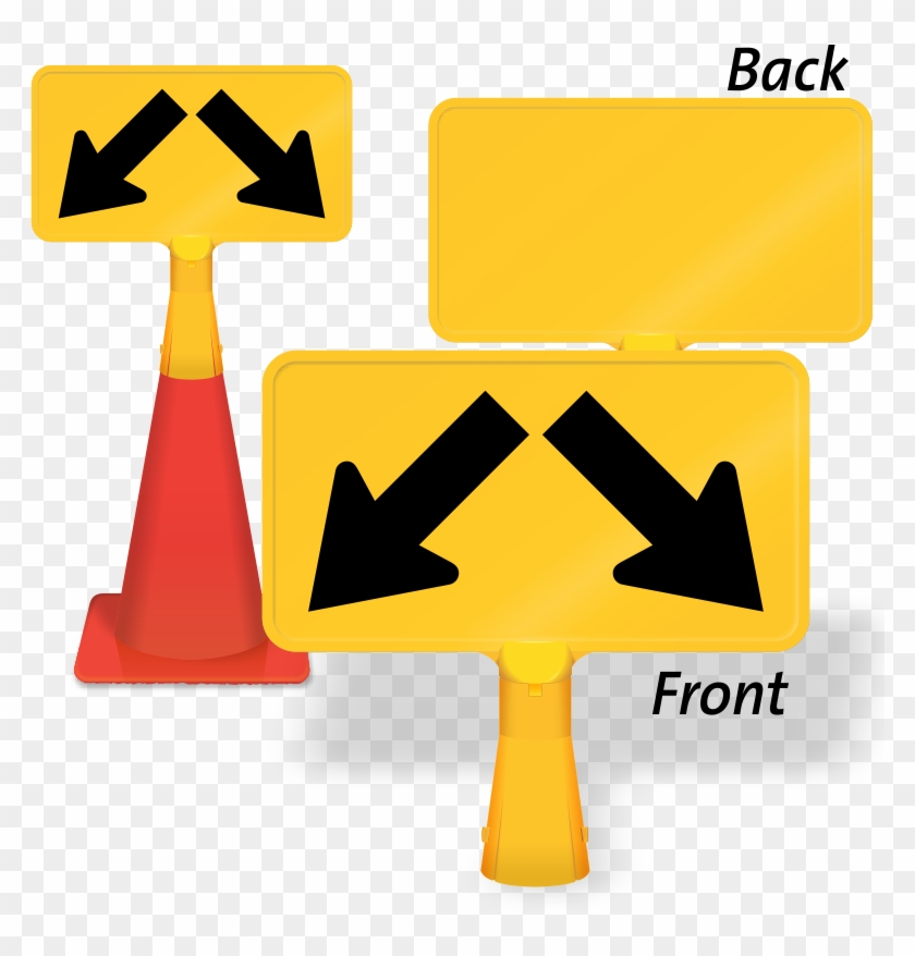 Yellow traffic directional sign with dual downward arrows, mounted on a cone and stand; front and back views shown.