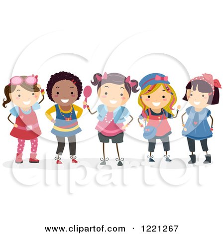 Five diverse cartoon girls smiling and posing together in colorful outfits.